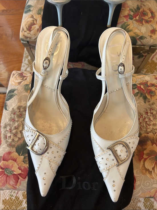 Dior Shoes - Dior White Pointed-Toe Studded Slingback Heels vintage